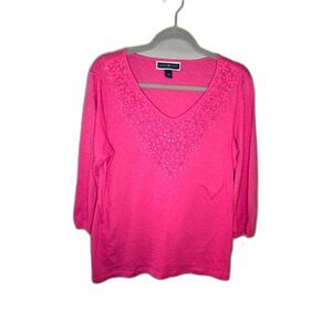 Karen Scott Women's 3/4 Sleeve Pink Crochet and Rhinestone Top Size Medium